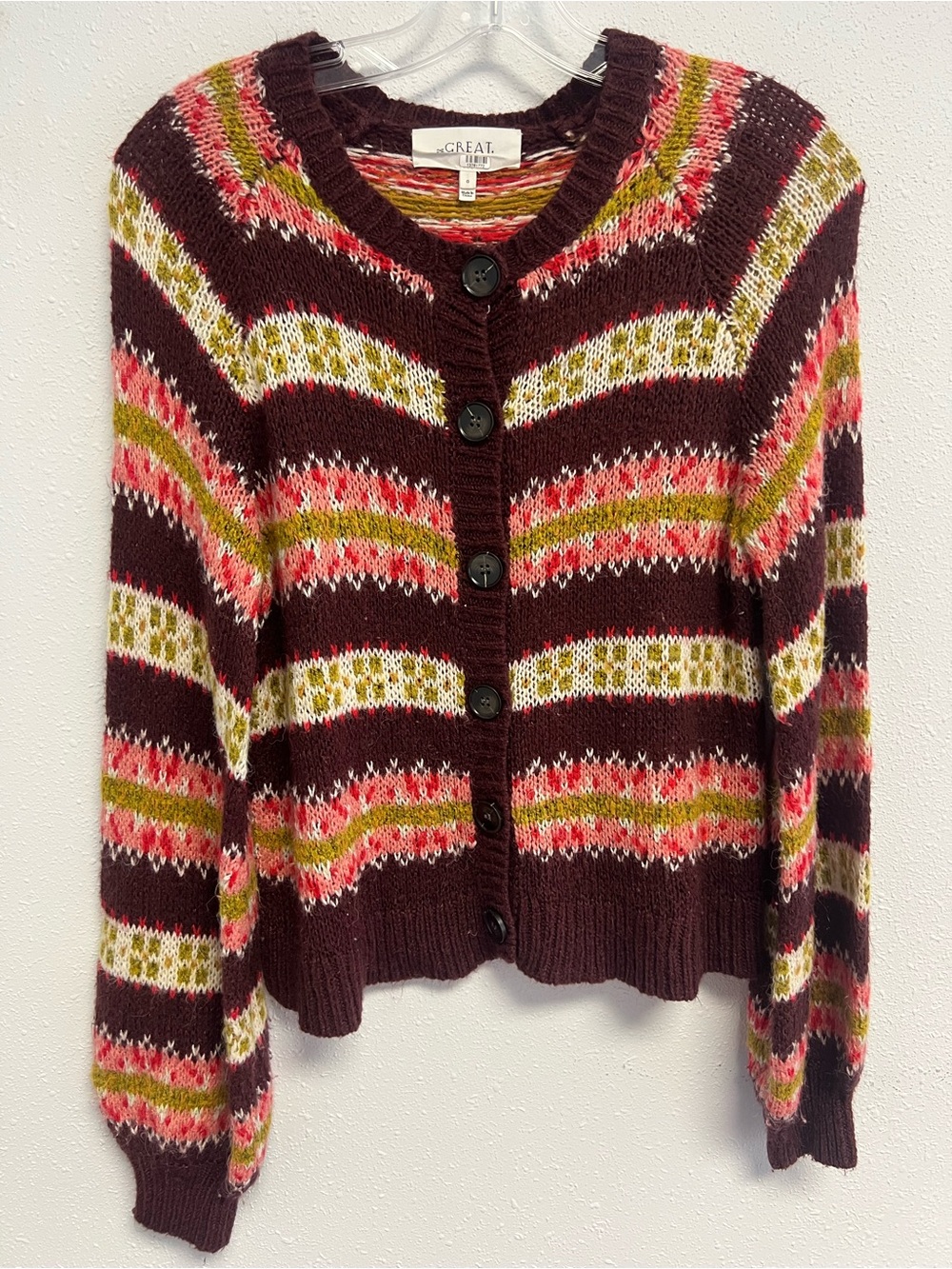 THE GREAT. Burgundy Fair Isle Button-Front Cardigan with Pink & Olive Accents